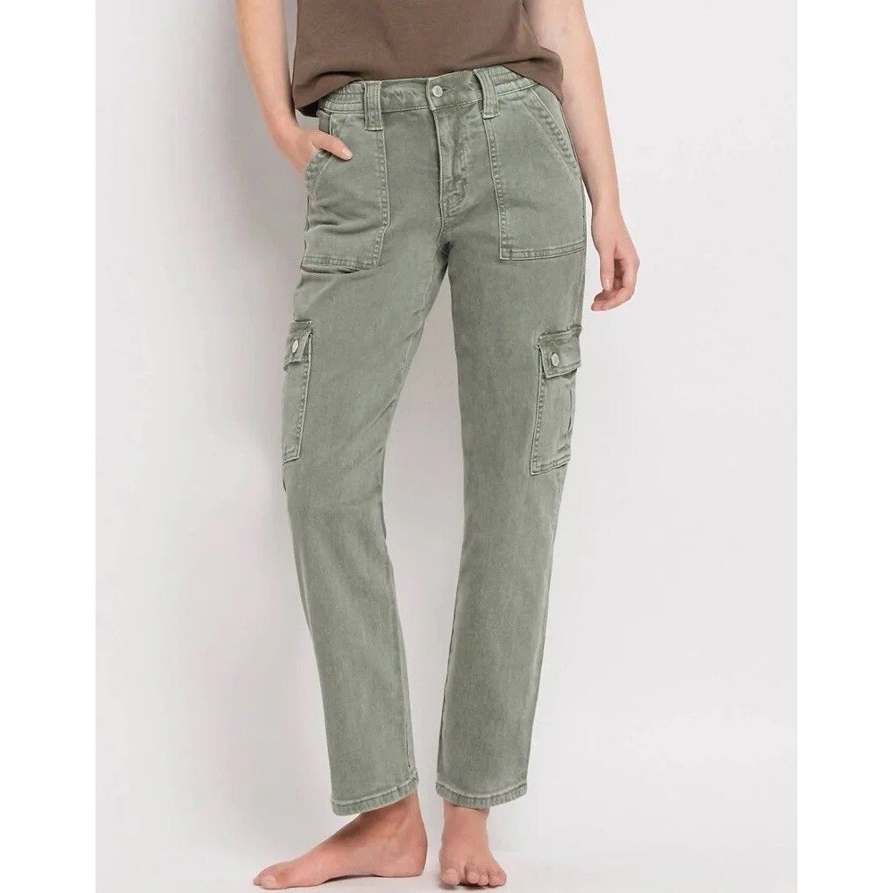 Vervet Women Cargo Jeans High Rise Green V3376AG Straight Ankle Pants Size 30